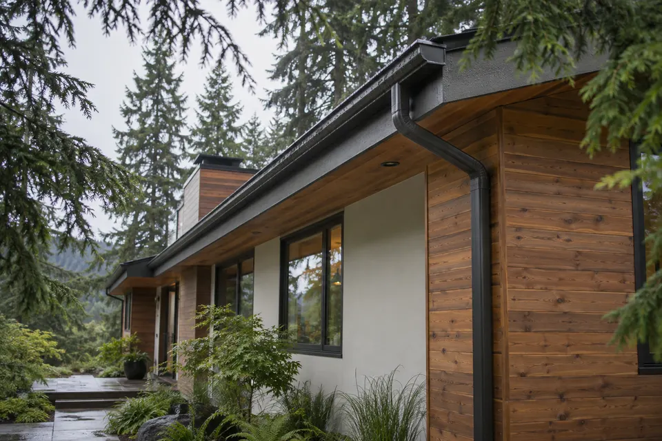 Illustration of rain running off the roofline and gutters of a house among evergreens